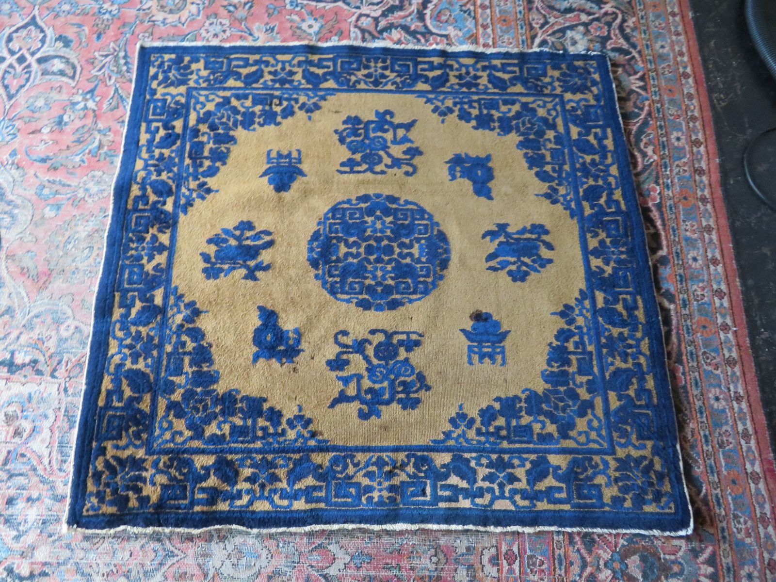 275.0 Antique Chinese Ningxia Mat Rug. 104cm X 110cm. photo