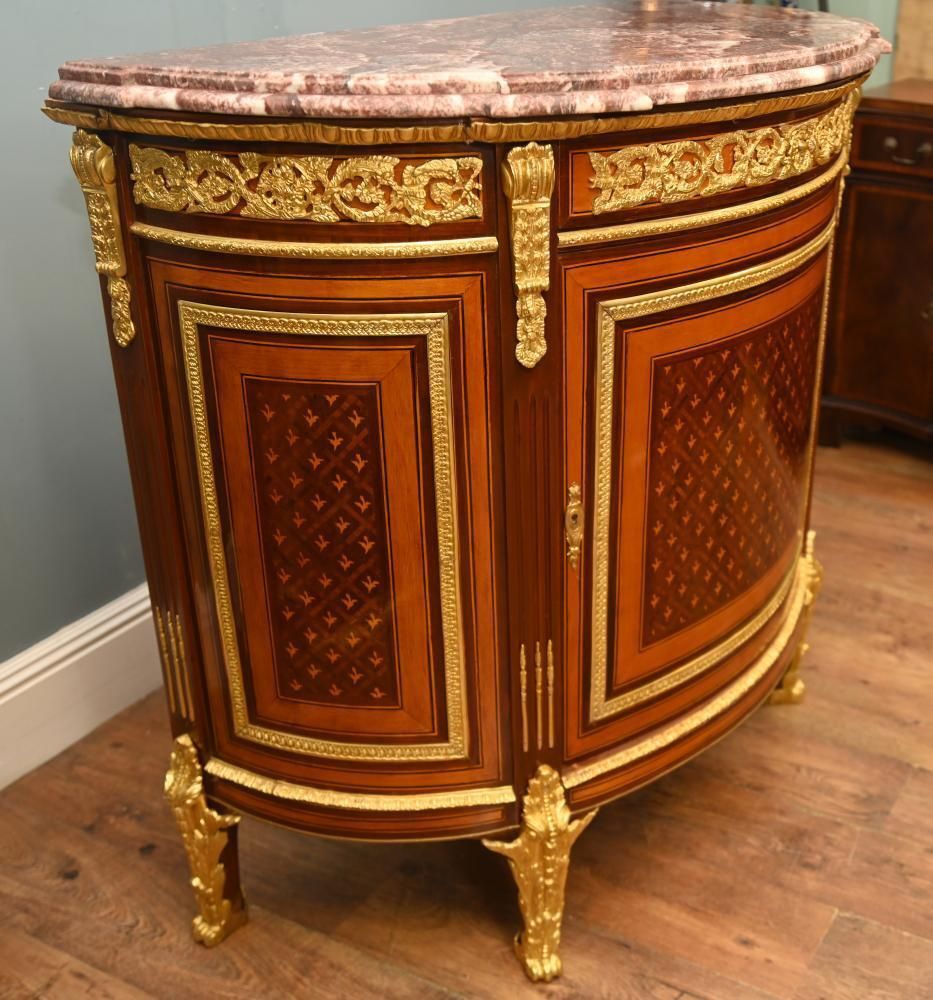 photo for sale Pair French Empire Demi Lune Commodes Marquetry Cabinets Gilt