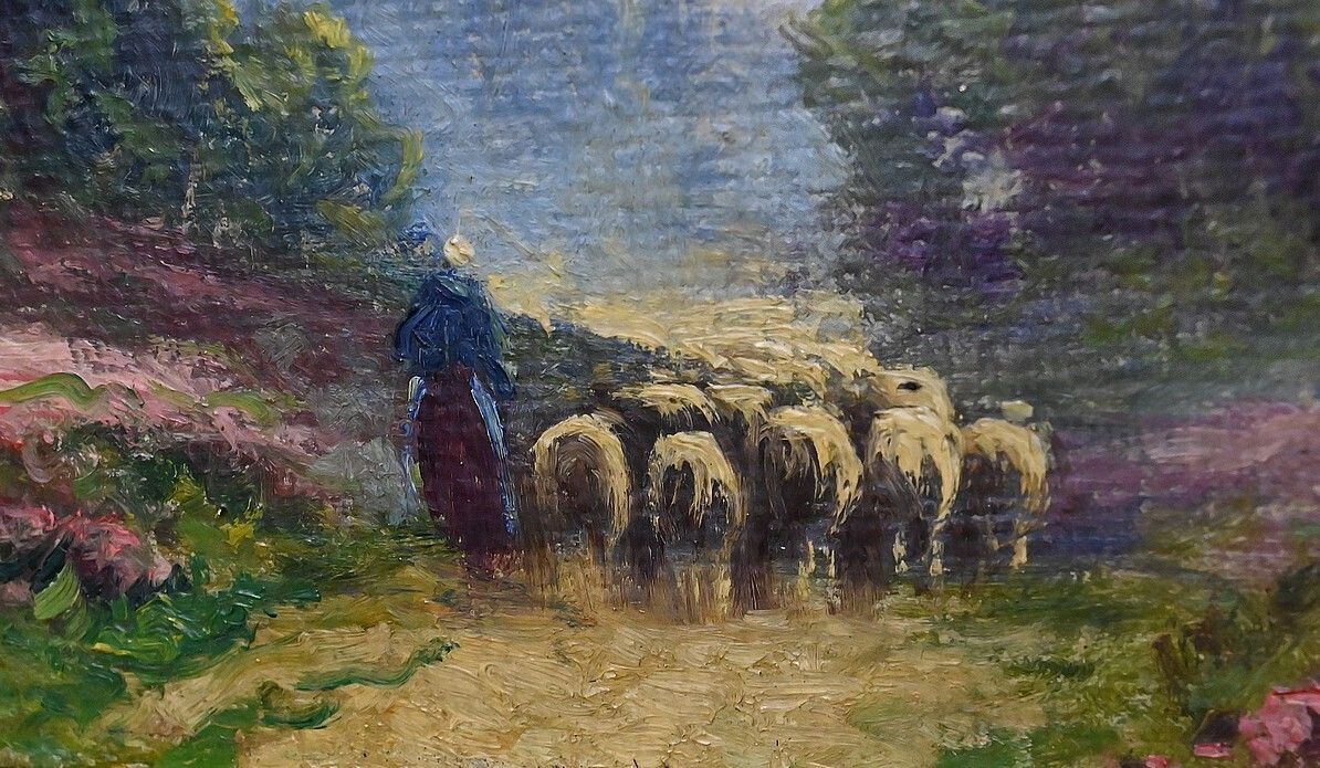 Painting "Shepherdess And Her Flock", Oil On Panel Signed G. Corbier – Early 20th Century photo buy
