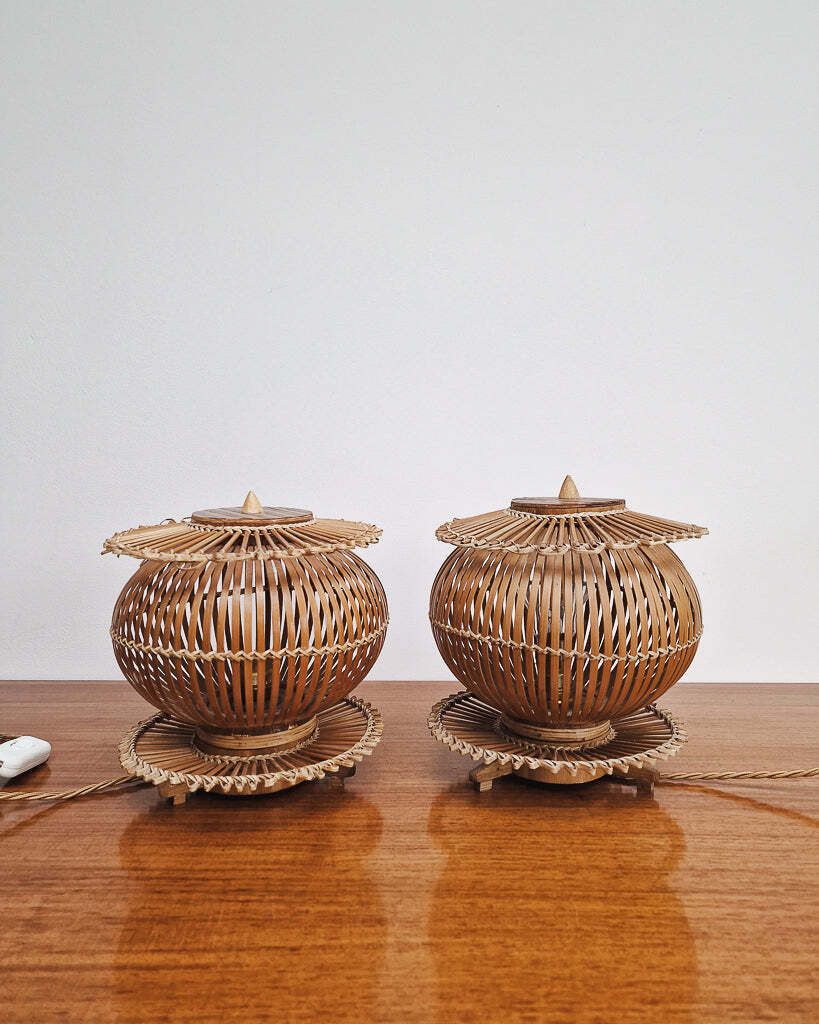 Vintage Bamboo Bedside Table Lamps (Pair).