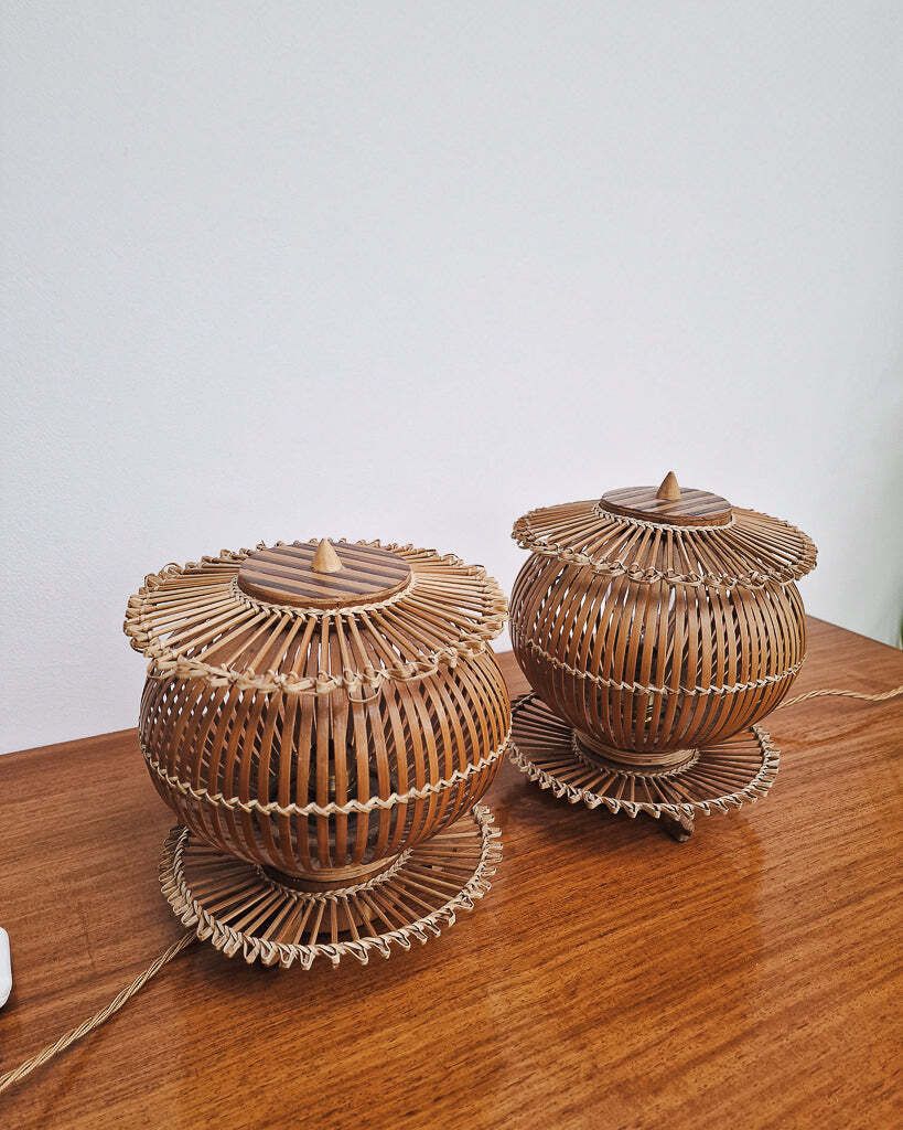 Vintage Bamboo Bedside Table Lamps (Pair). photo for sale