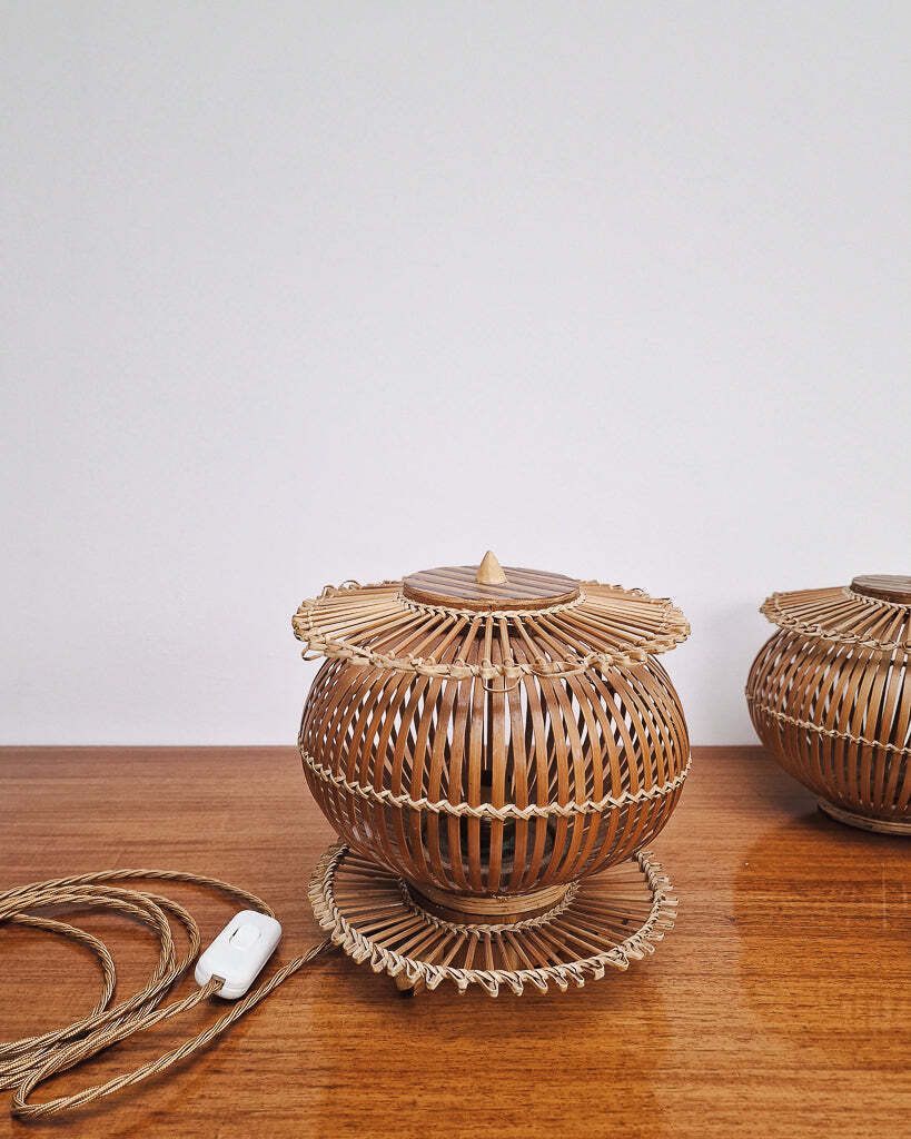 Vintage Bamboo Bedside Table Lamps (Pair). photo vinterior