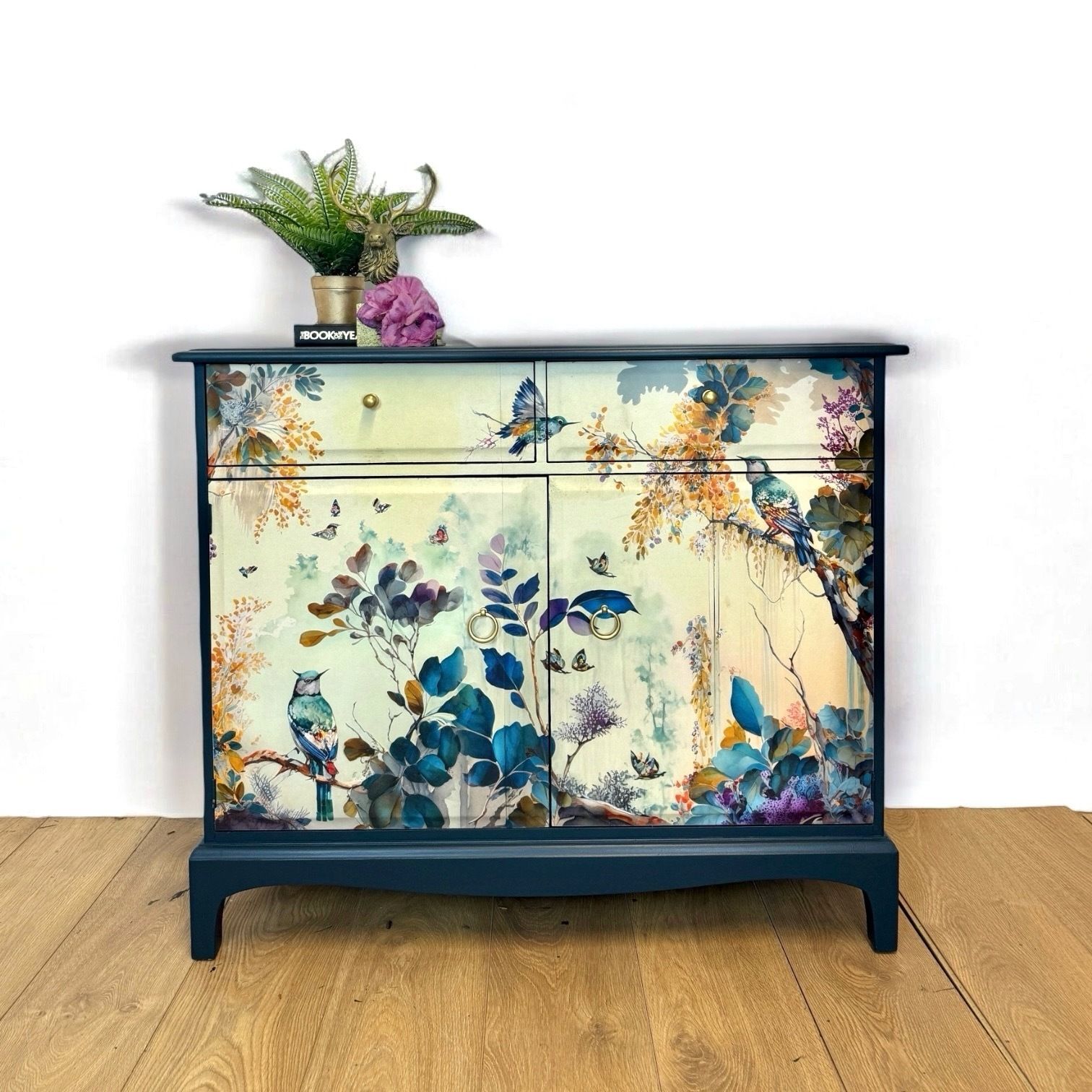 Made To Order Pretty Refinished Stag Minstrel Sideboard In Deep Teal With Floral Bird Design. Navy Blue Tv Unit
