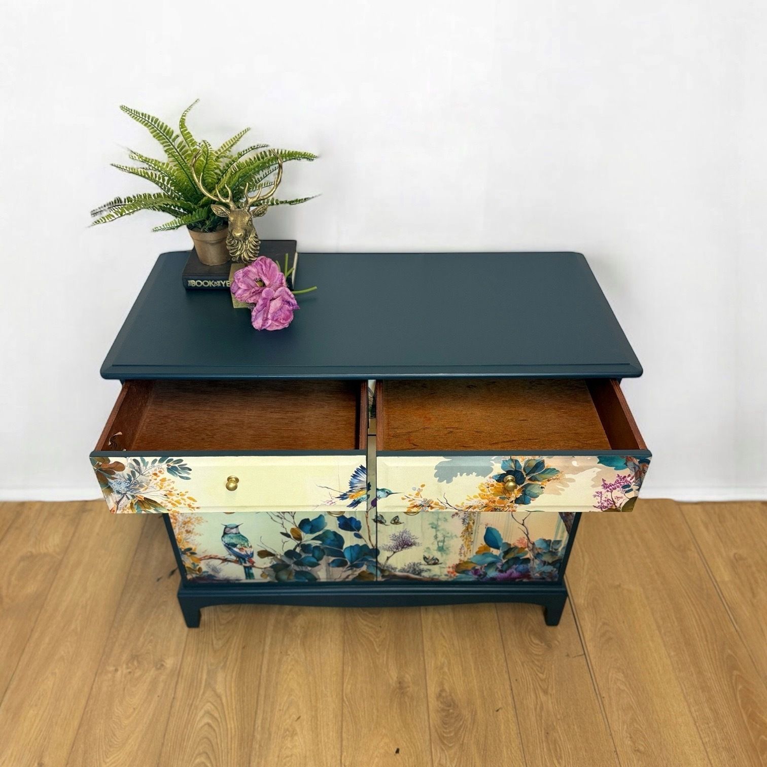 Made To Order Pretty Refinished Stag Minstrel Sideboard In Deep Teal With Floral Bird Design. Navy Blue Tv Unit photo vinterior