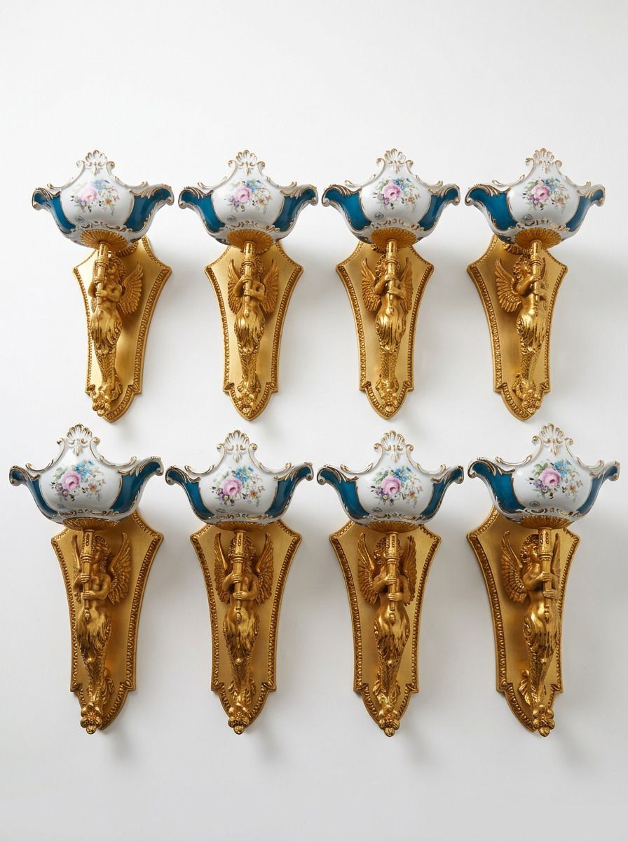 Set Esclusivo: 8 Applique "F.B.A.I. & Tiche" – Ottone Dorato E Porcellana Blu Cobalto photo 6957.4