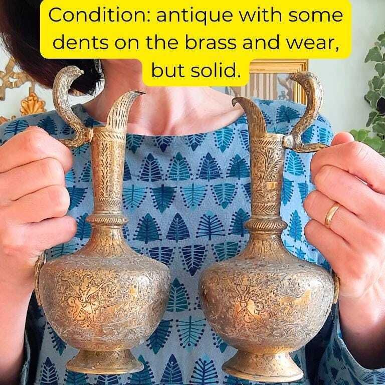 photo for sale Antique Indian Brass Jugs With Engraved Animal And Foliate Decoration And Cobra Head's Handles 8.7'' Tall