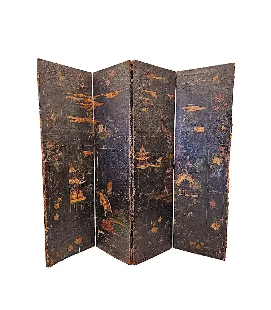 A Very Fine And Unusual 19th Century Country House Four Fold Oriental Screen With Hide Painted Panels