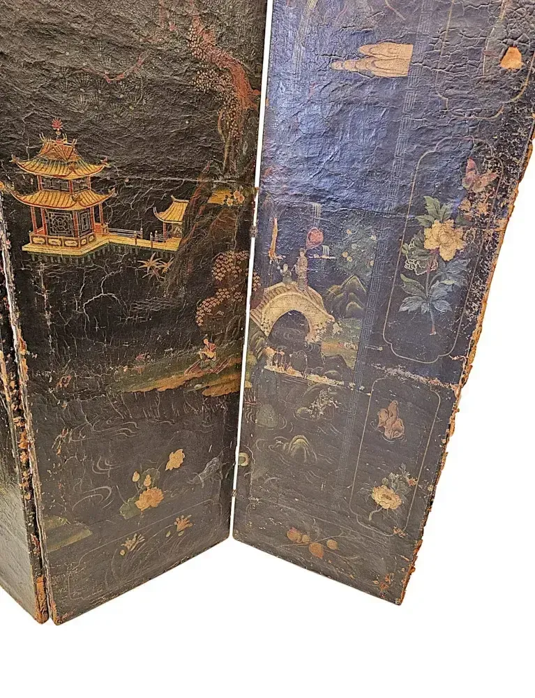 A Very Fine And Unusual 19th Century Country House Four Fold Oriental Screen With Hide Painted Panels photo vinterior