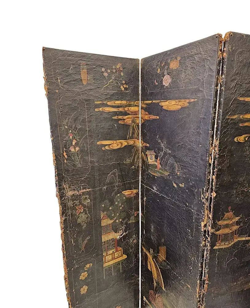 A Very Fine And Unusual 19th Century Country House Four Fold Oriental Screen With Hide Painted Panels photo buy