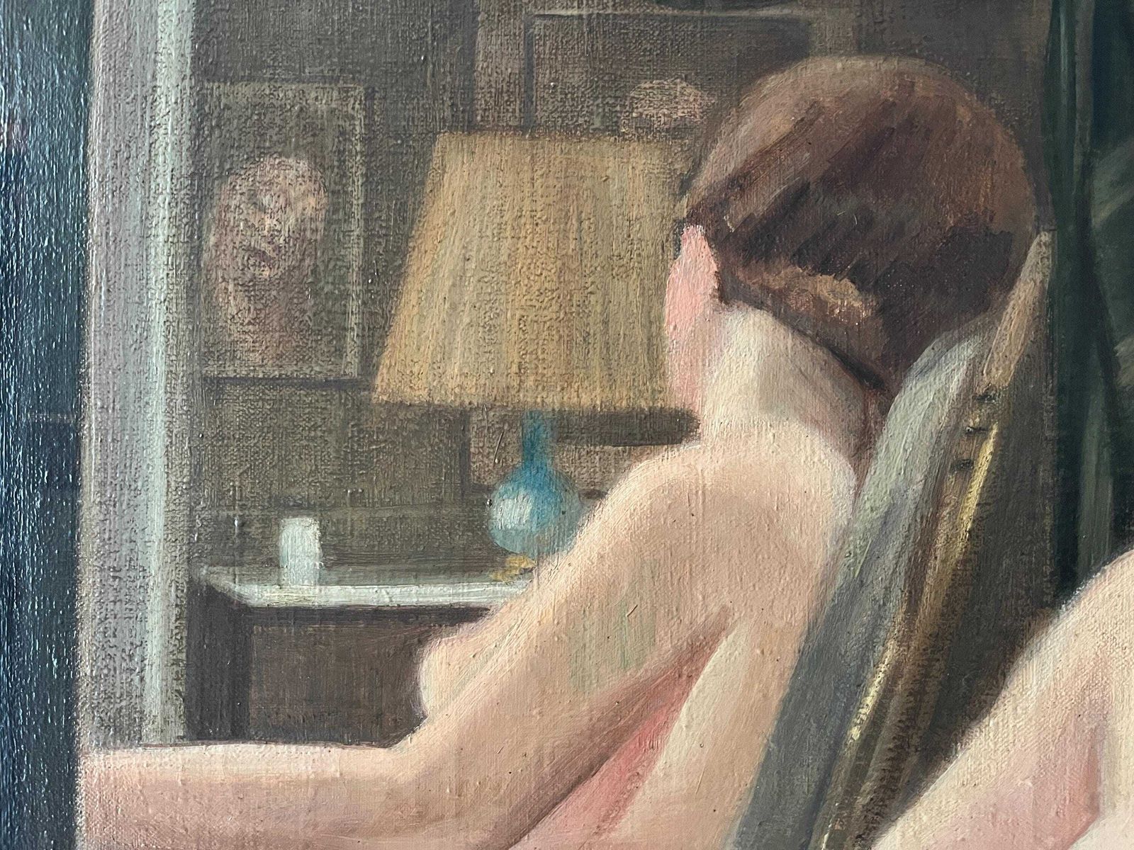 photo furniture French Antique Woman Portrait Oil On Canvas, Art Deco Large Nude Painting, Interior Scene By Ulysse Moussalli.