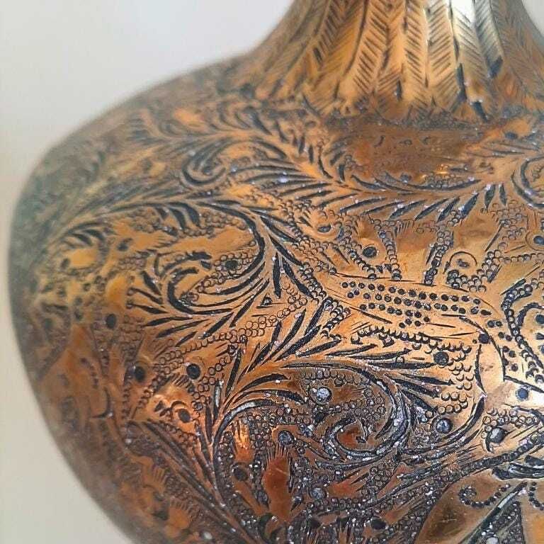 Large Pair Of Antique Indian Brass Vases With Cobra Handles And Hand Engraved Decoration photo 100.0