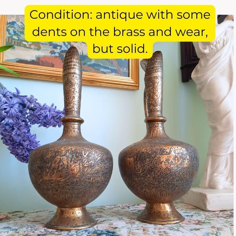 Large Pair Of Antique Indian Brass Vases With Cobra Handles And Hand Engraved Decoration photo vintage