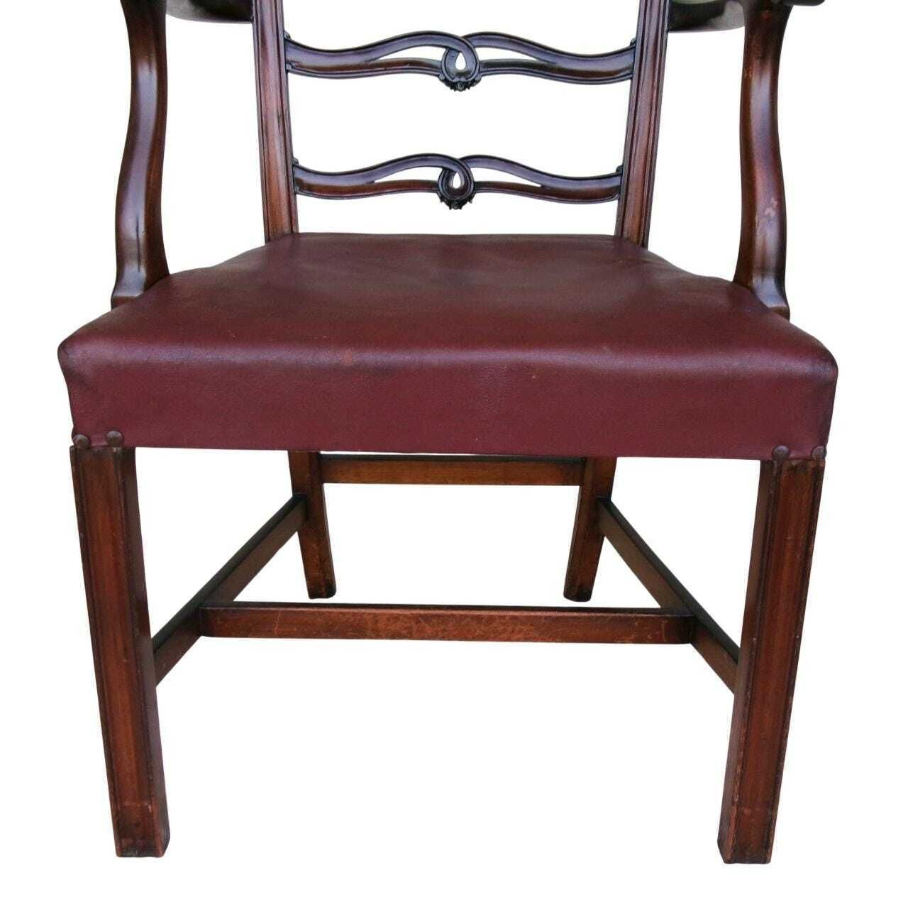 photo for sale 5 Late Georgian Mahogany Dining Chairs, Chippendale Style Ribbon Ladderback, Leather Seat, Inc Carver