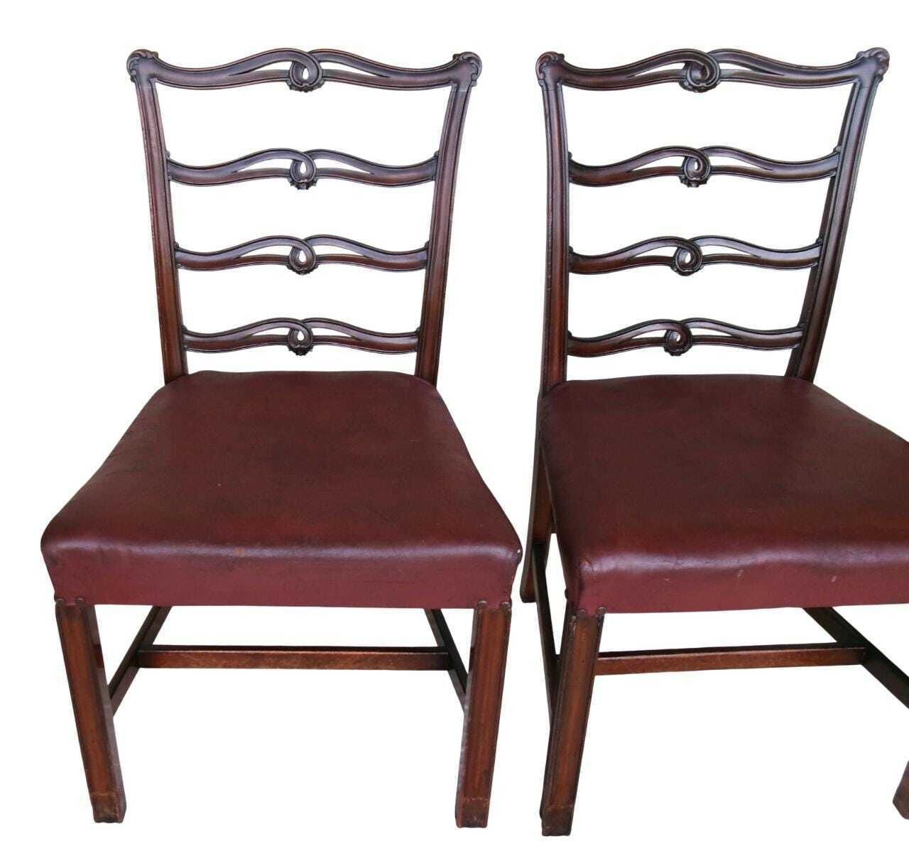 340.0 5 Late Georgian Mahogany Dining Chairs, Chippendale Style Ribbon Ladderback, Leather Seat, Inc Carver photo