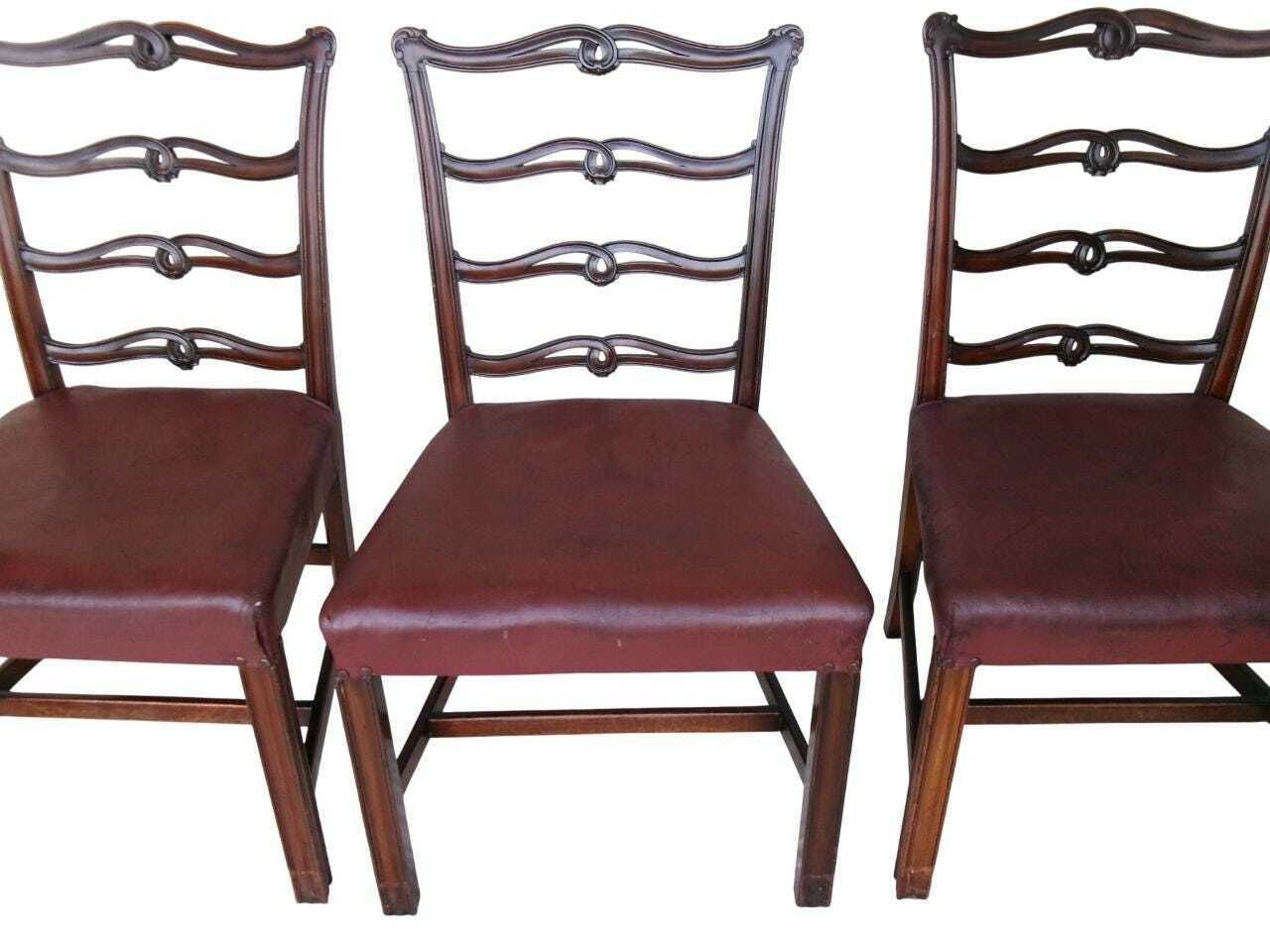 photo vinterior 5 Late Georgian Mahogany Dining Chairs, Chippendale Style Ribbon Ladderback, Leather Seat, Inc Carver