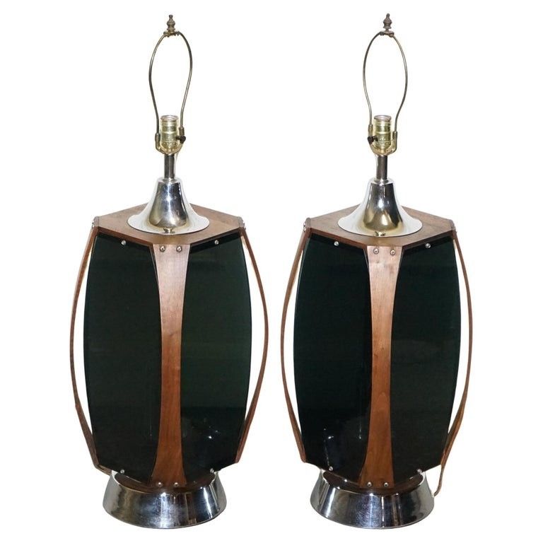 Pair Of Large Modern Danish Acrylic & Teak Mid Century Lamps