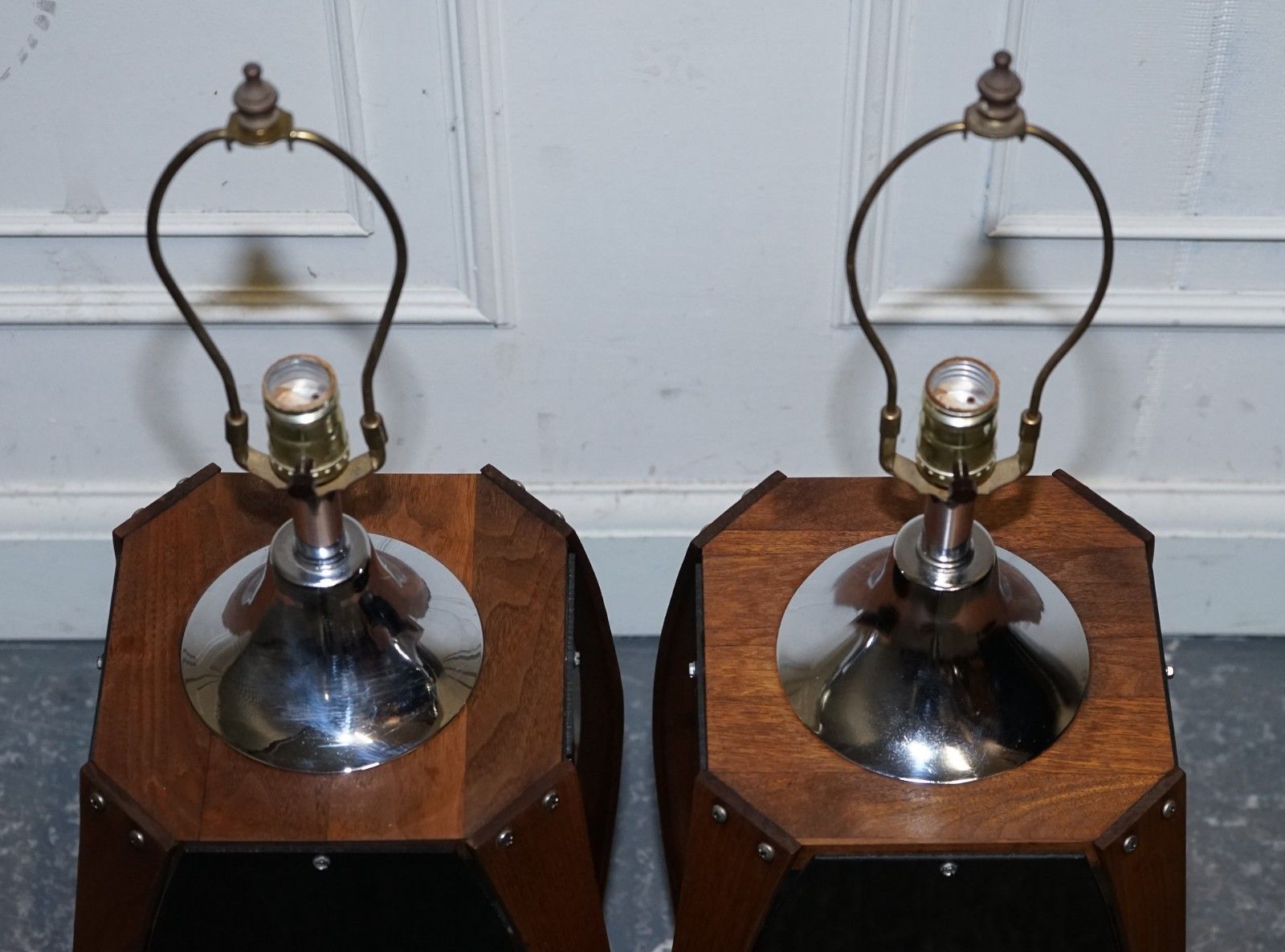 Lighting Pair Of Large Modern Danish Acrylic & Teak Mid Century Lamps photo