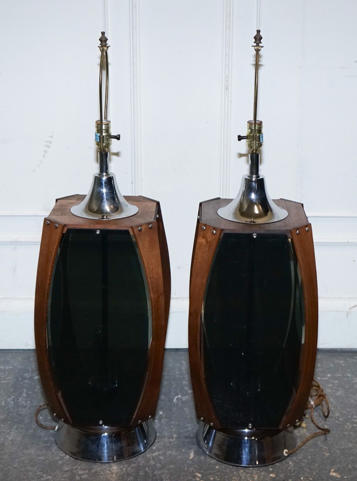 photo buy Pair Of Large Modern Danish Acrylic & Teak Mid Century Lamps