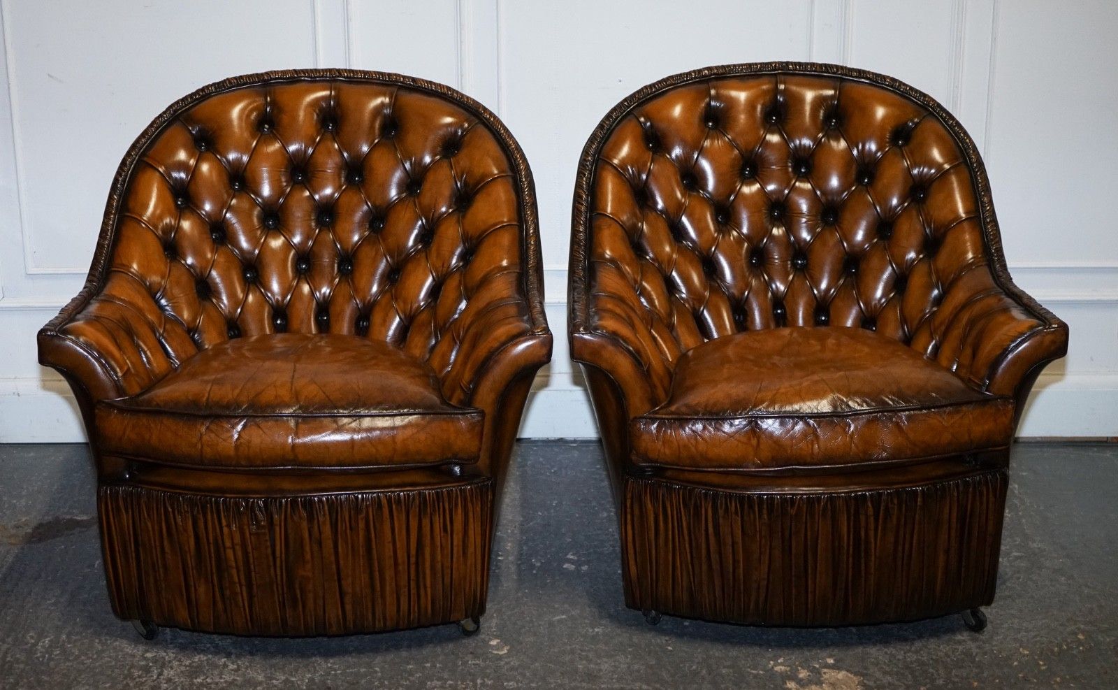 Rare Pair Of Brown Hand Dyed Leather Chesterfield Armchairs With Pleated Front photo for sale