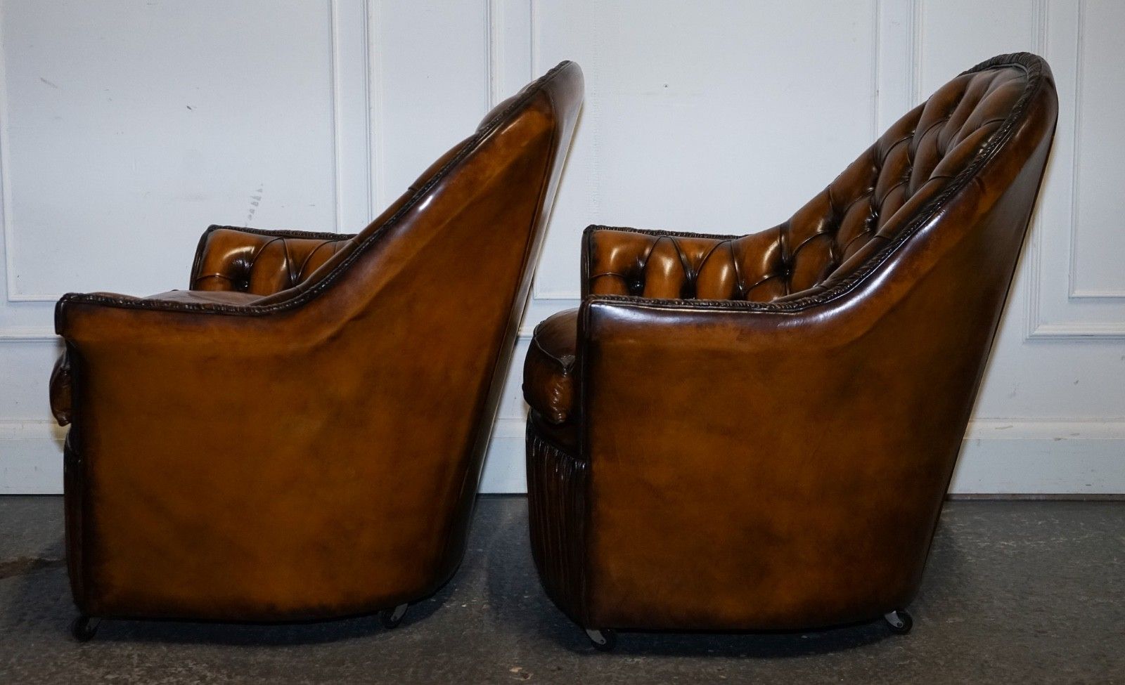 Rare Pair Of Brown Hand Dyed Leather Chesterfield Armchairs With Pleated Front photo 5250.0