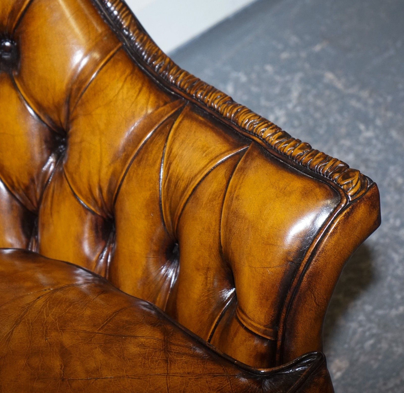 Furniture Rare Pair Of Brown Hand Dyed Leather Chesterfield Armchairs With Pleated Front photo