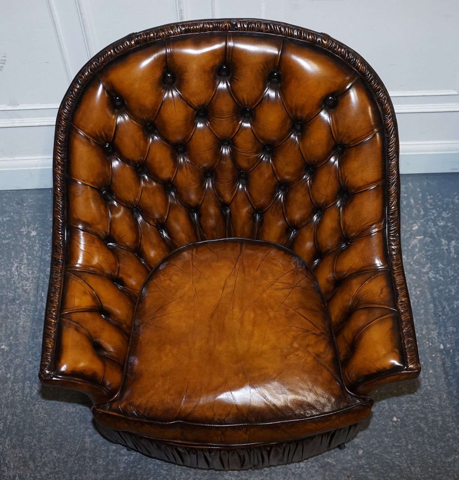 photo vinterior Rare Pair Of Brown Hand Dyed Leather Chesterfield Armchairs With Pleated Front