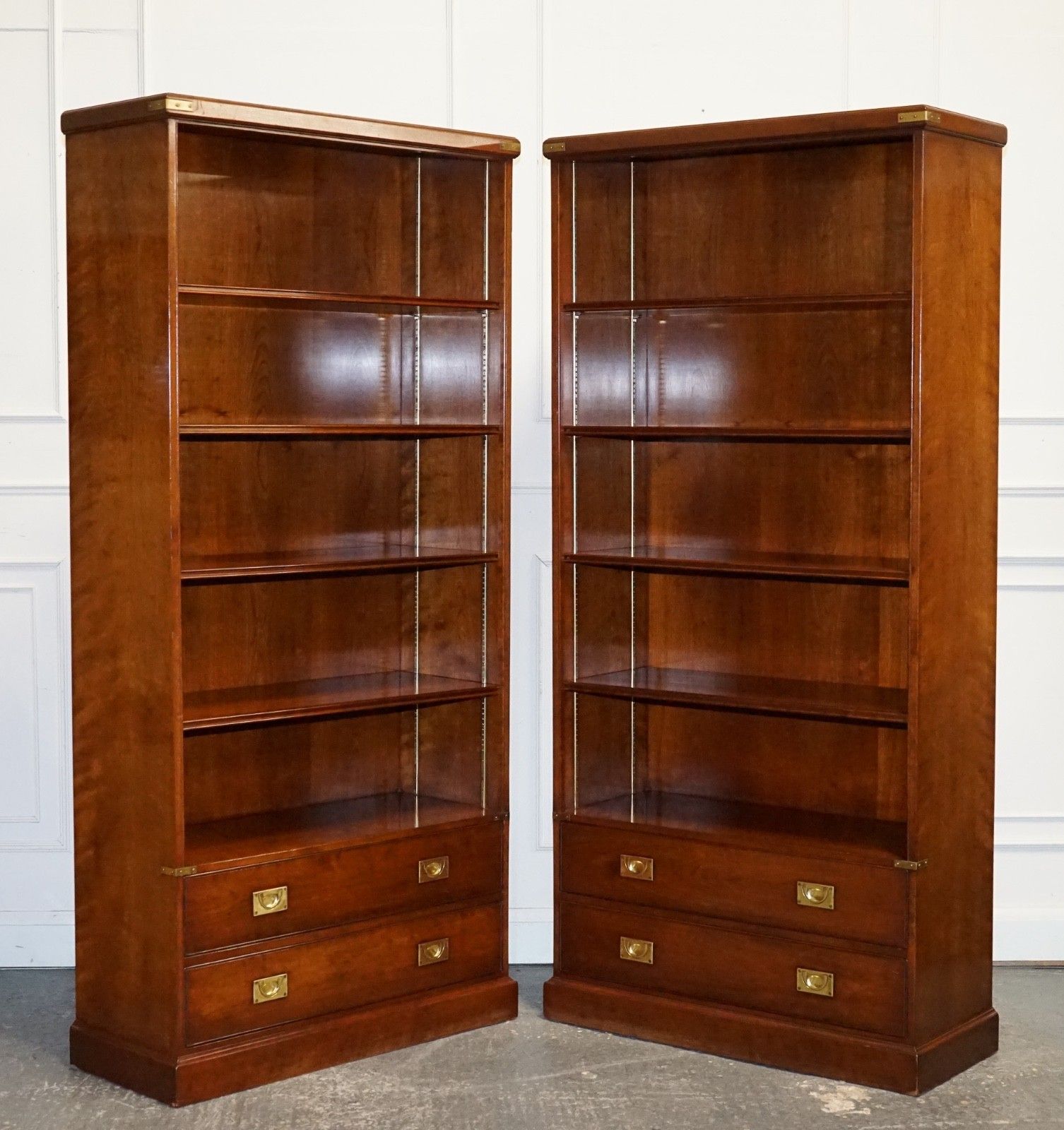 Stunning Pair Of Kennedy Harrods London Military Campaign Open Bookcases photo furniture