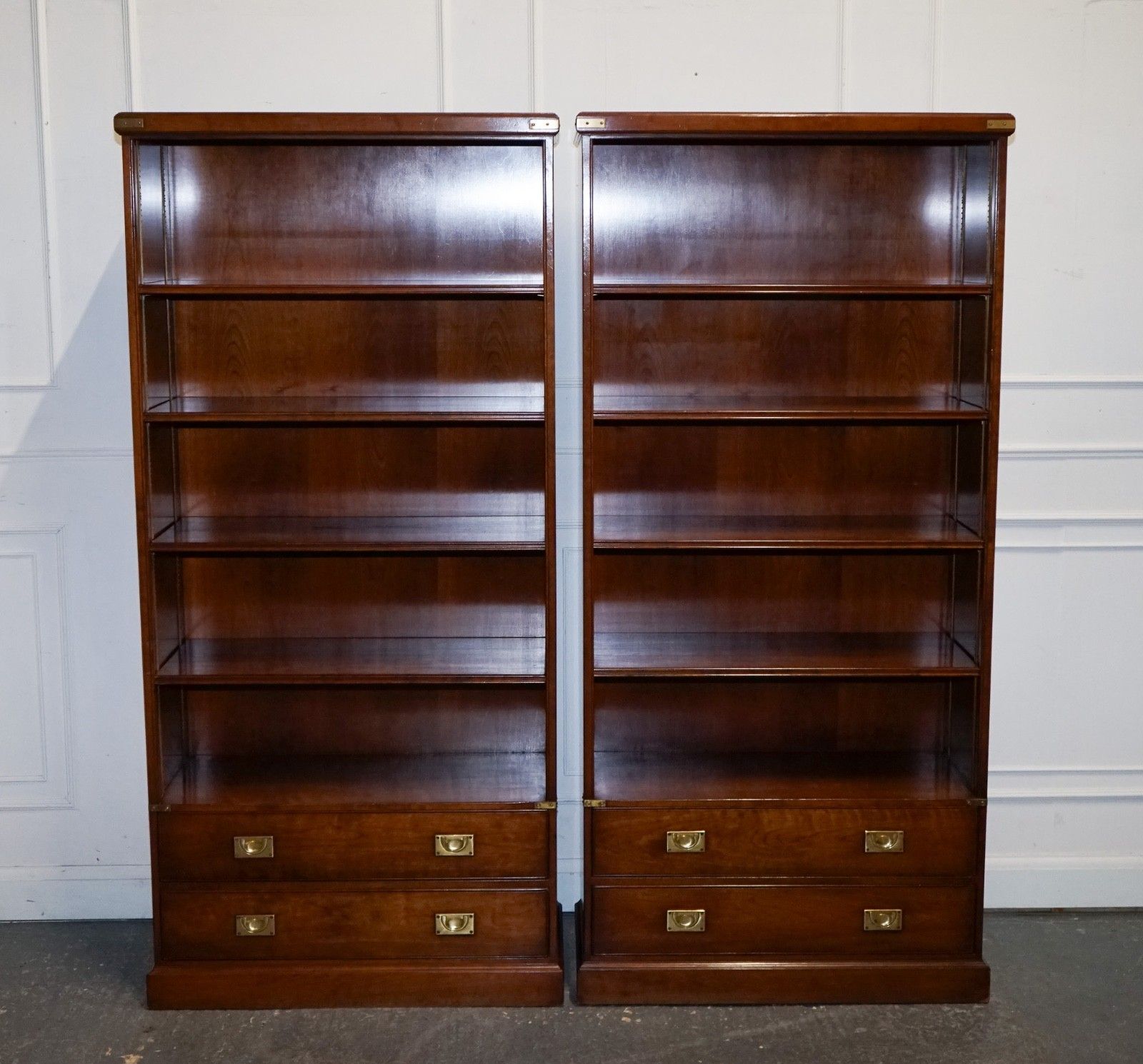 Stunning Pair Of Kennedy Harrods London Military Campaign Open Bookcases photo for sale