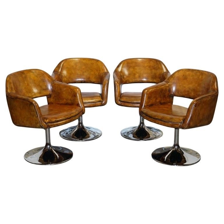 Set Of Four Restored Hand Dyed Leather Largo Johanson Design Swivel Armchairs
