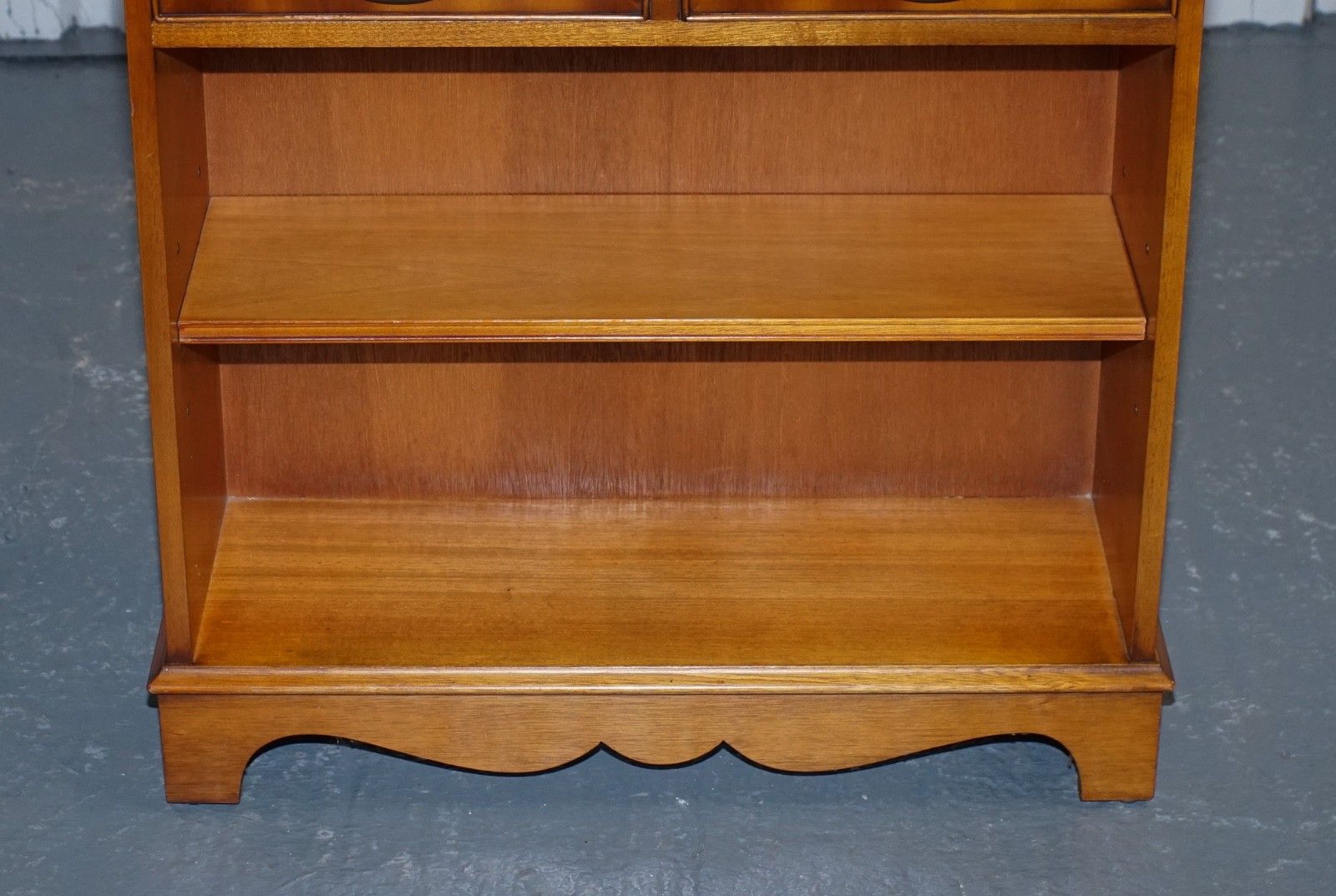 Vintage Burr Yew Wood Open Dwarf Library Bookcase With Two Drawers & Shelf photo vinterior