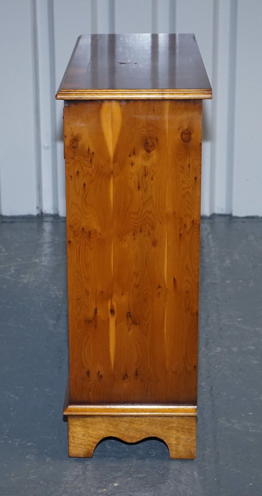 photo buy Vintage Burr Yew Wood Open Dwarf Library Bookcase With Two Drawers & Shelf