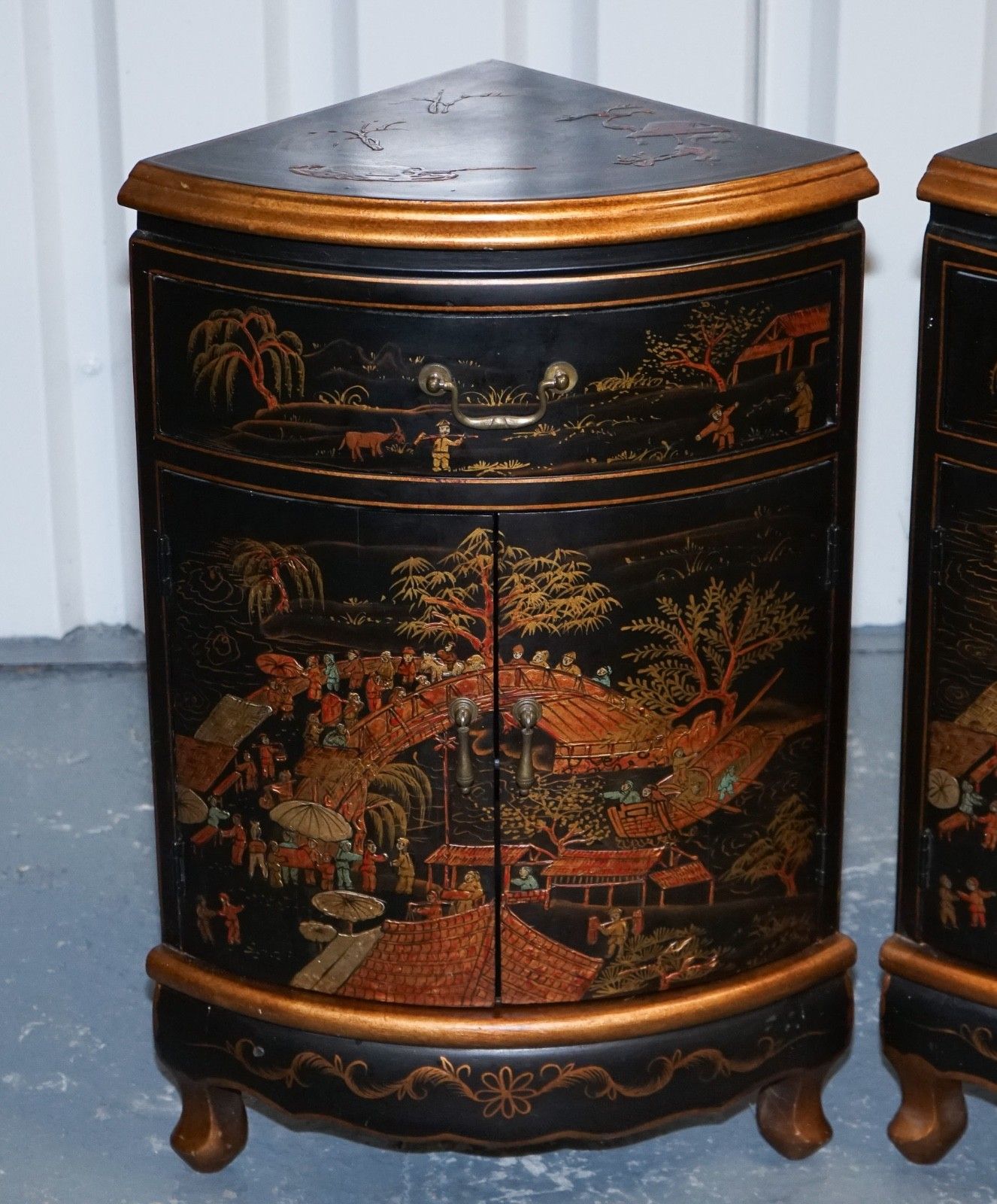 Matching Pair Of Chinese Chinoiserie Decorative Corner Cabinets With Cupboard photo for sale