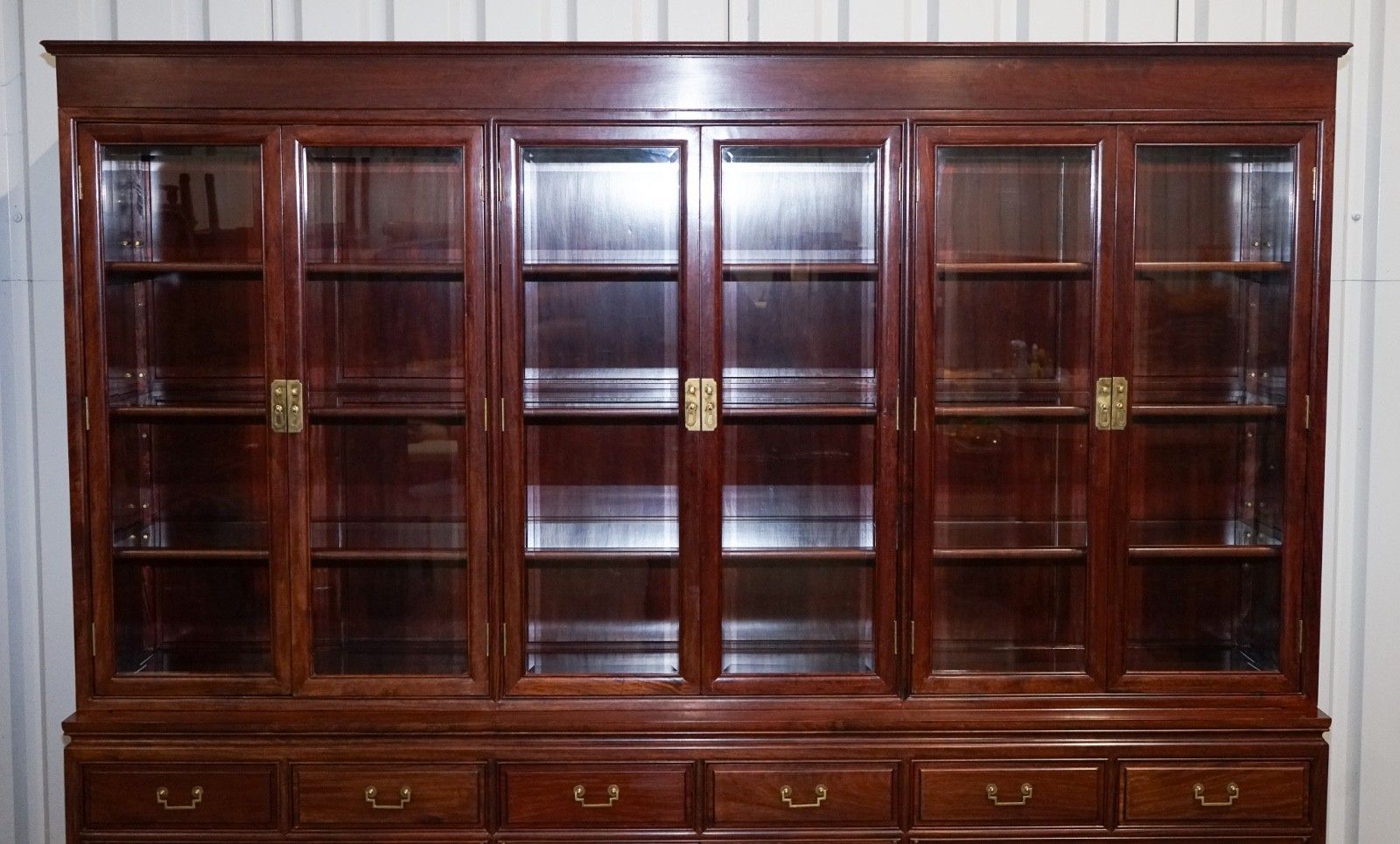 Tremendous Oriental Chinese Teak Bookcase Display Cabinet With Six Doors photo for sale