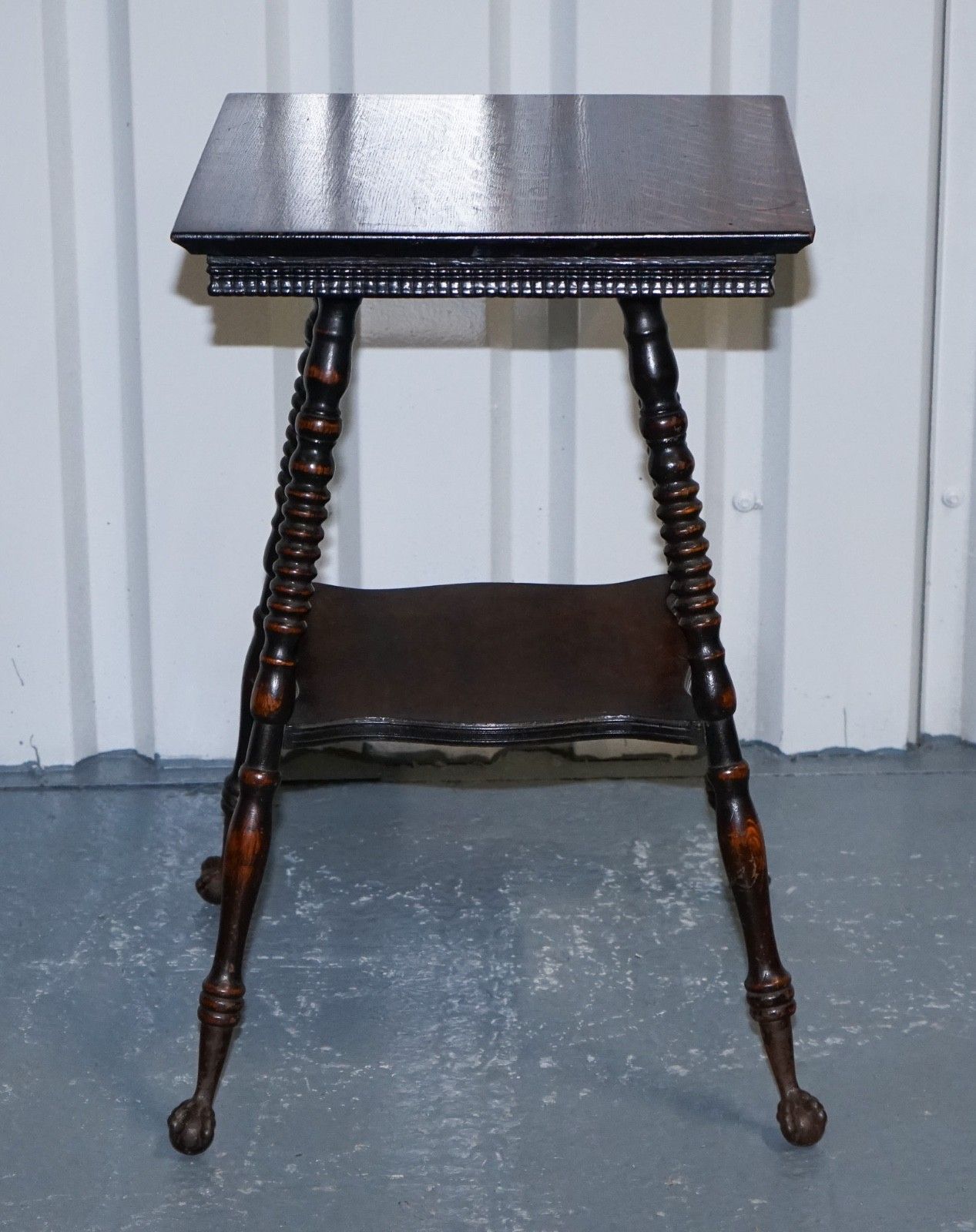 Antique Victorian Tiger Oak Side Table Turned Bobbin Legs With Cast Iron Feet photo for sale