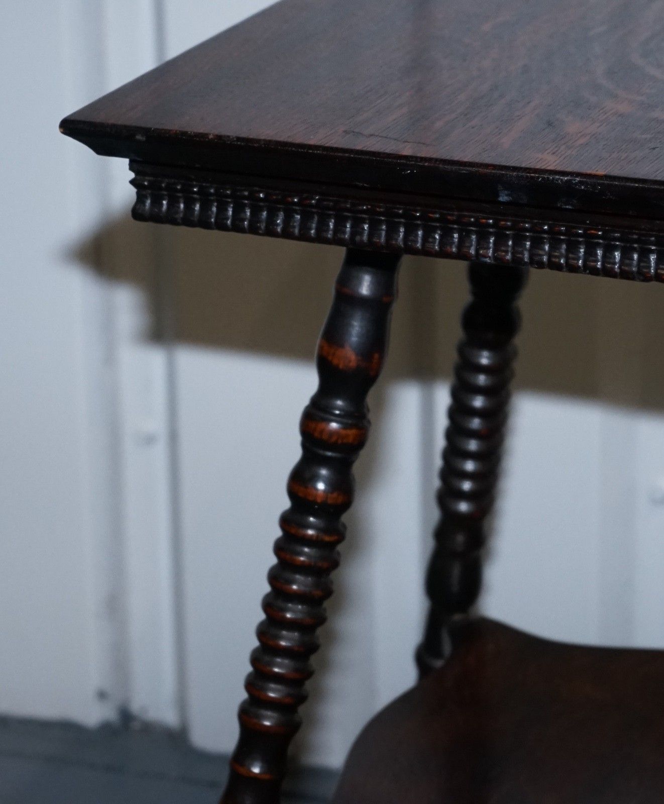 Antique Victorian Tiger Oak Side Table Turned Bobbin Legs With Cast Iron Feet photo Furniture