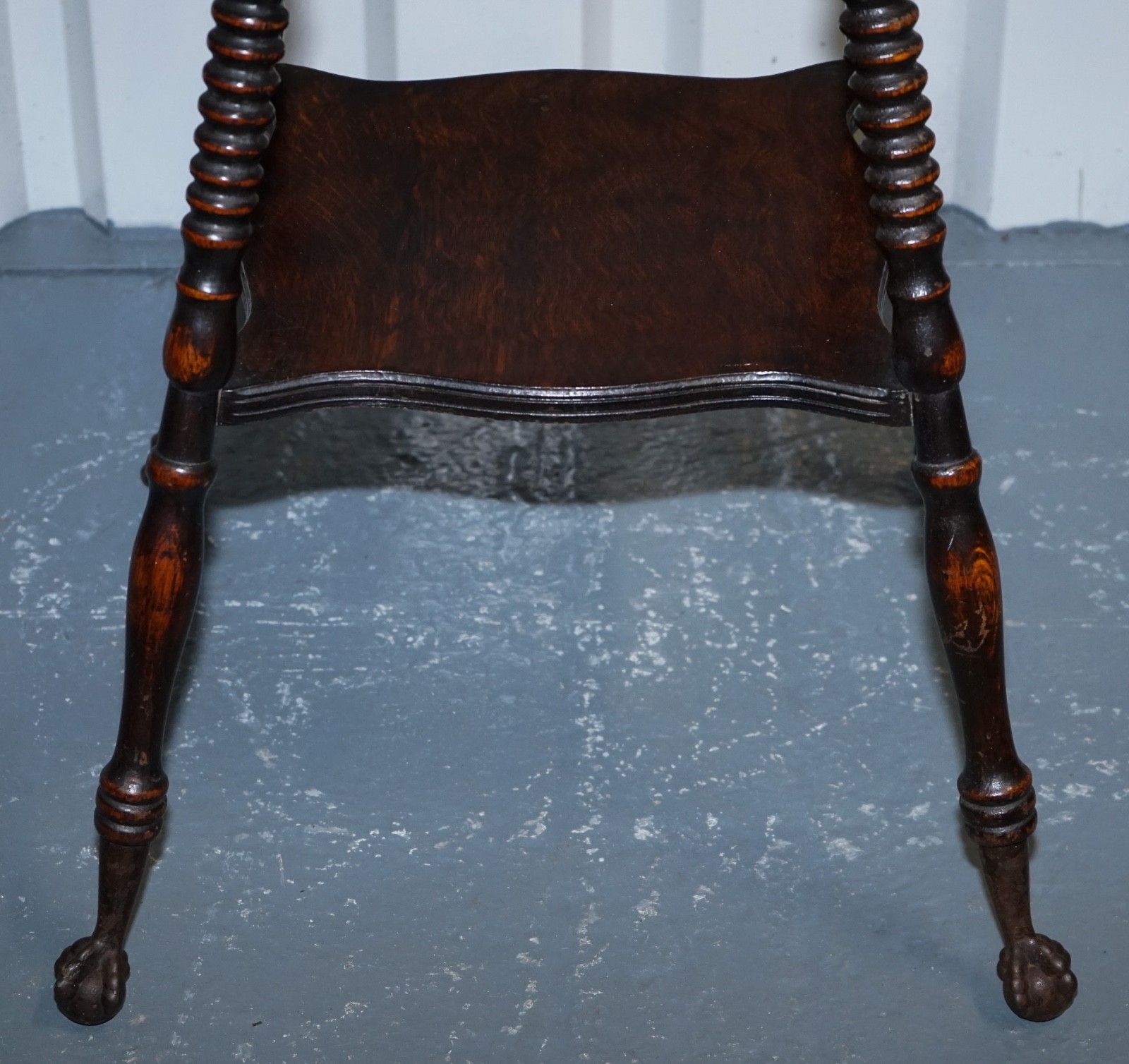 Antique Victorian Tiger Oak Side Table Turned Bobbin Legs With Cast Iron Feet photo vinterior