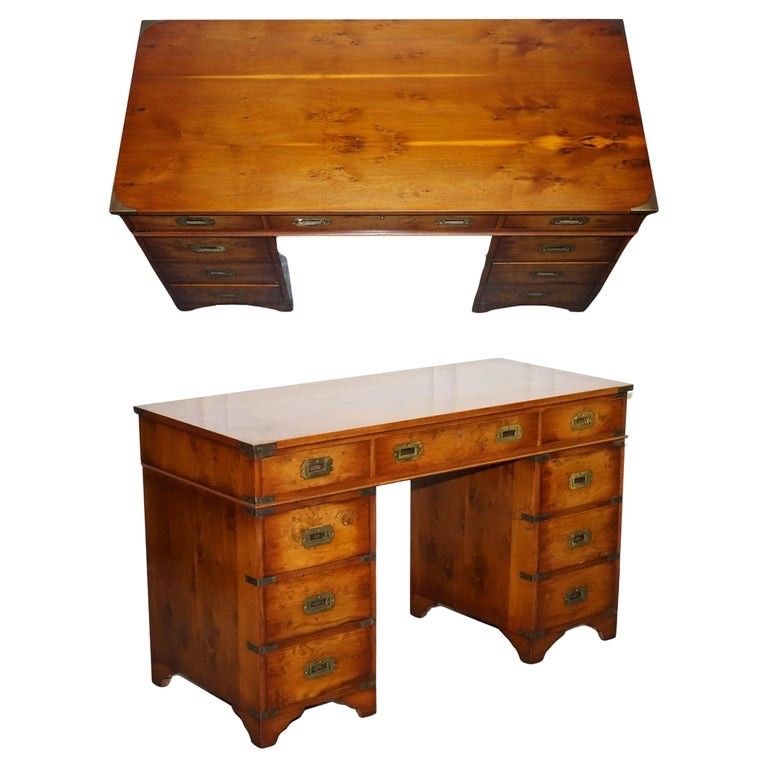 Vintage Military Campaign Yew Wood Twin Pedestal Desk