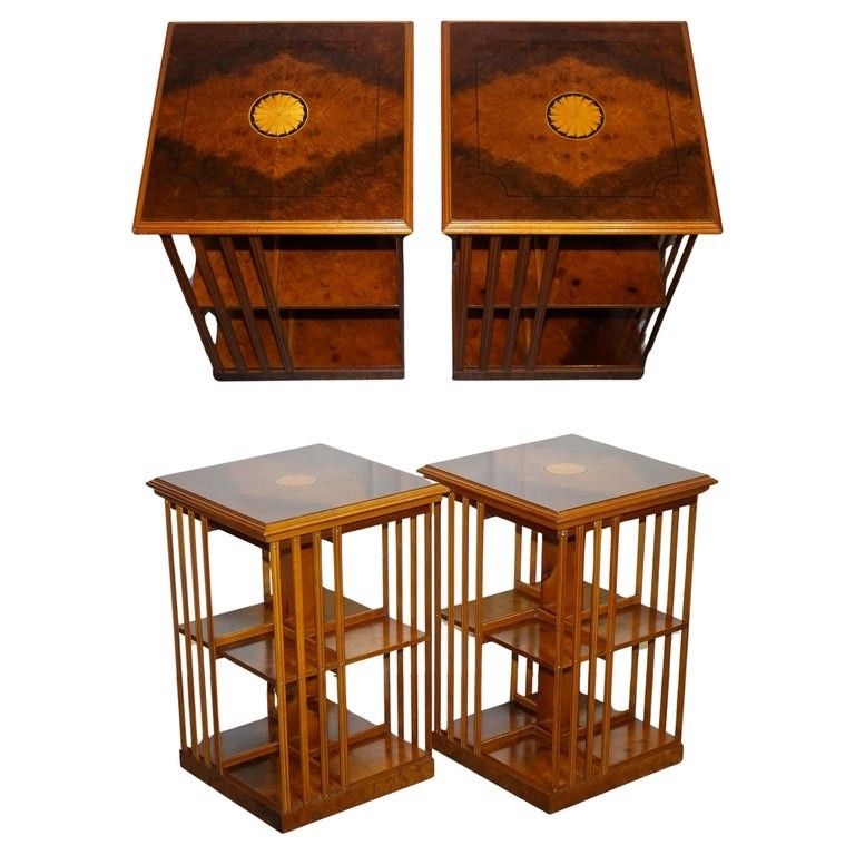 Restored Pair Of Antique Style Sheraton Revival Burr Walnut Bookcases Side Table