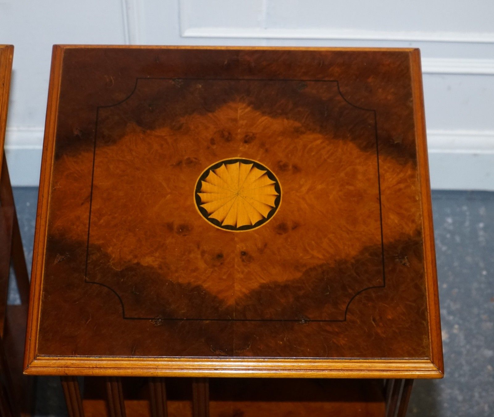 photo vintage Restored Pair Of Antique Style Sheraton Revival Burr Walnut Bookcases Side Table