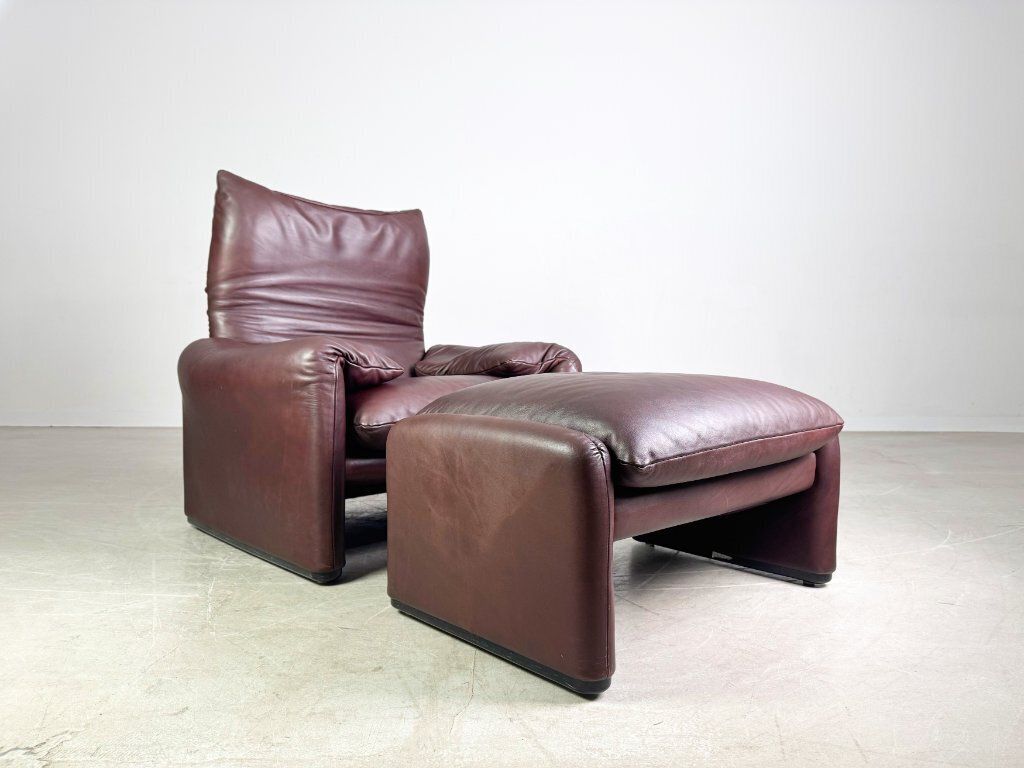 2x Cassina Maralunga Armchair + Ottoman Vico Magistretti Leather Brown photo furniture