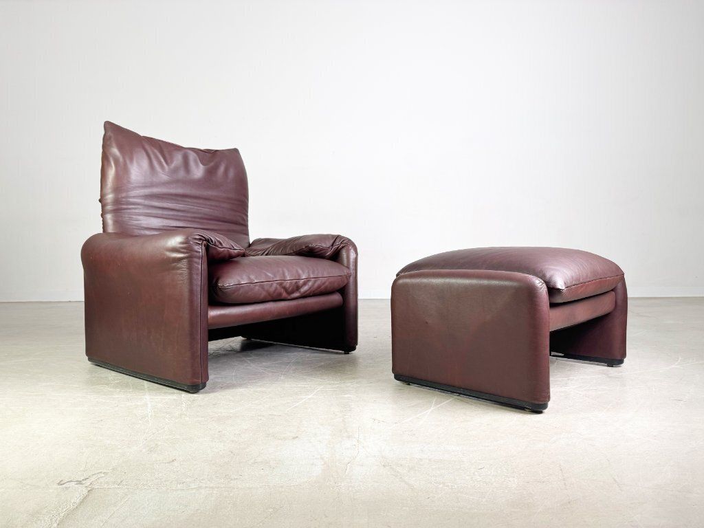 2x Cassina Maralunga Armchair + Ottoman Vico Magistretti Leather Brown photo 3473.0