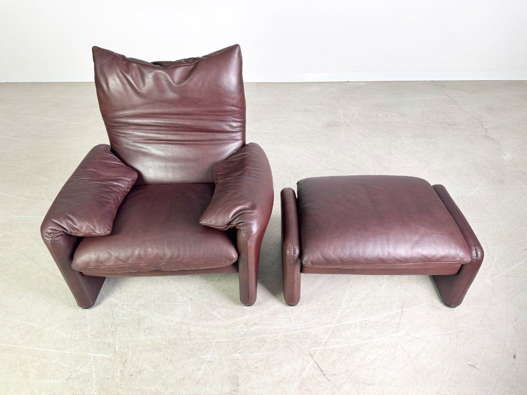 2x Cassina Maralunga Armchair + Ottoman Vico Magistretti Leather Brown photo vinterior