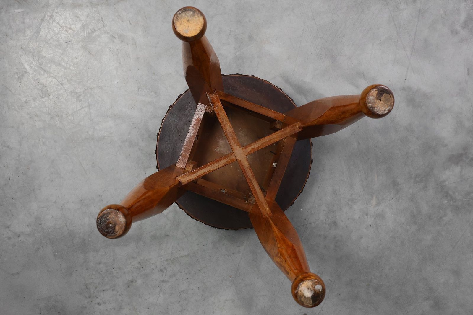 photo for sale Early Art Deco Arts & Crafts Oak & Leather Stool, France, 1920s