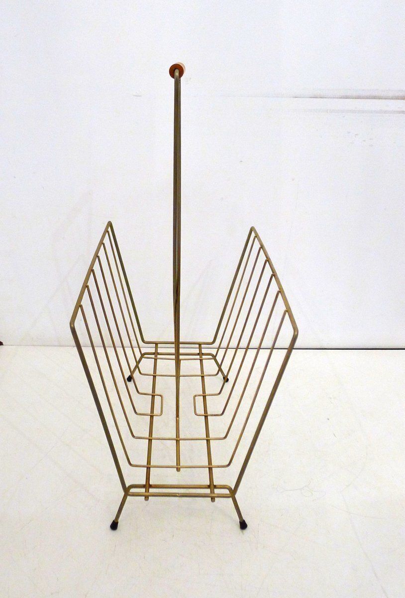 Mid Century Modern Magazine Rack In Gilt Metal And Wooden Handle, 1950s photo for sale