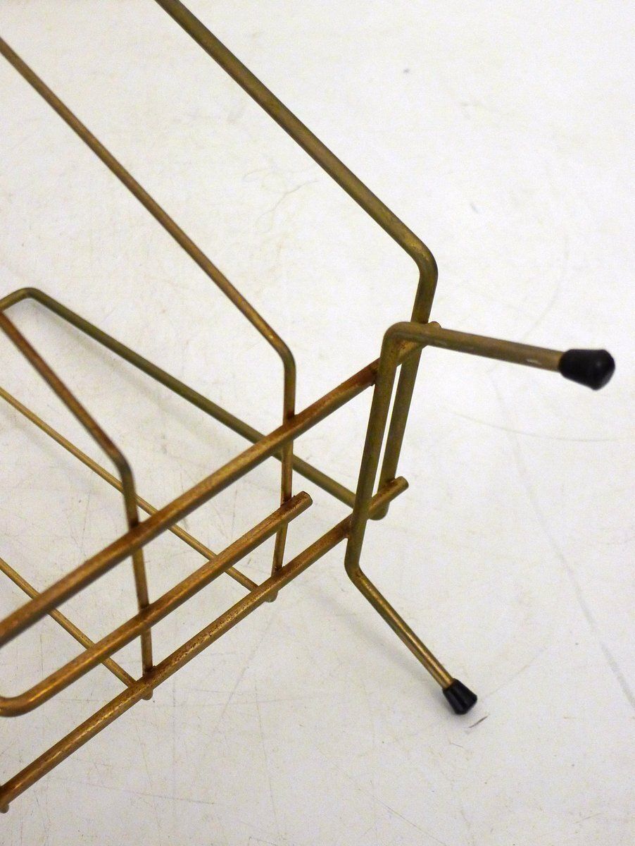 Home Decor Mid Century Modern Magazine Rack In Gilt Metal And Wooden Handle, 1950s photo