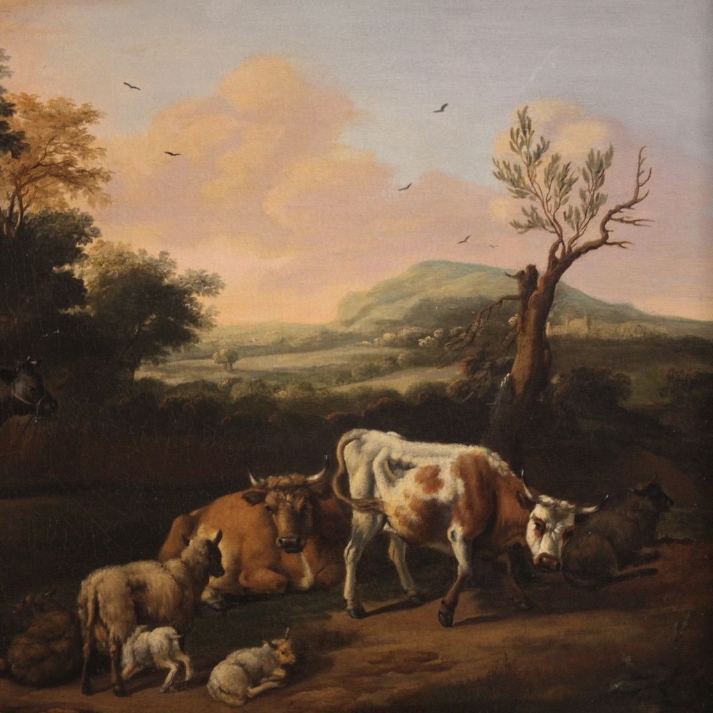 Antique Flemish Bucolic Landscape Painting From The 18th Century photo furniture