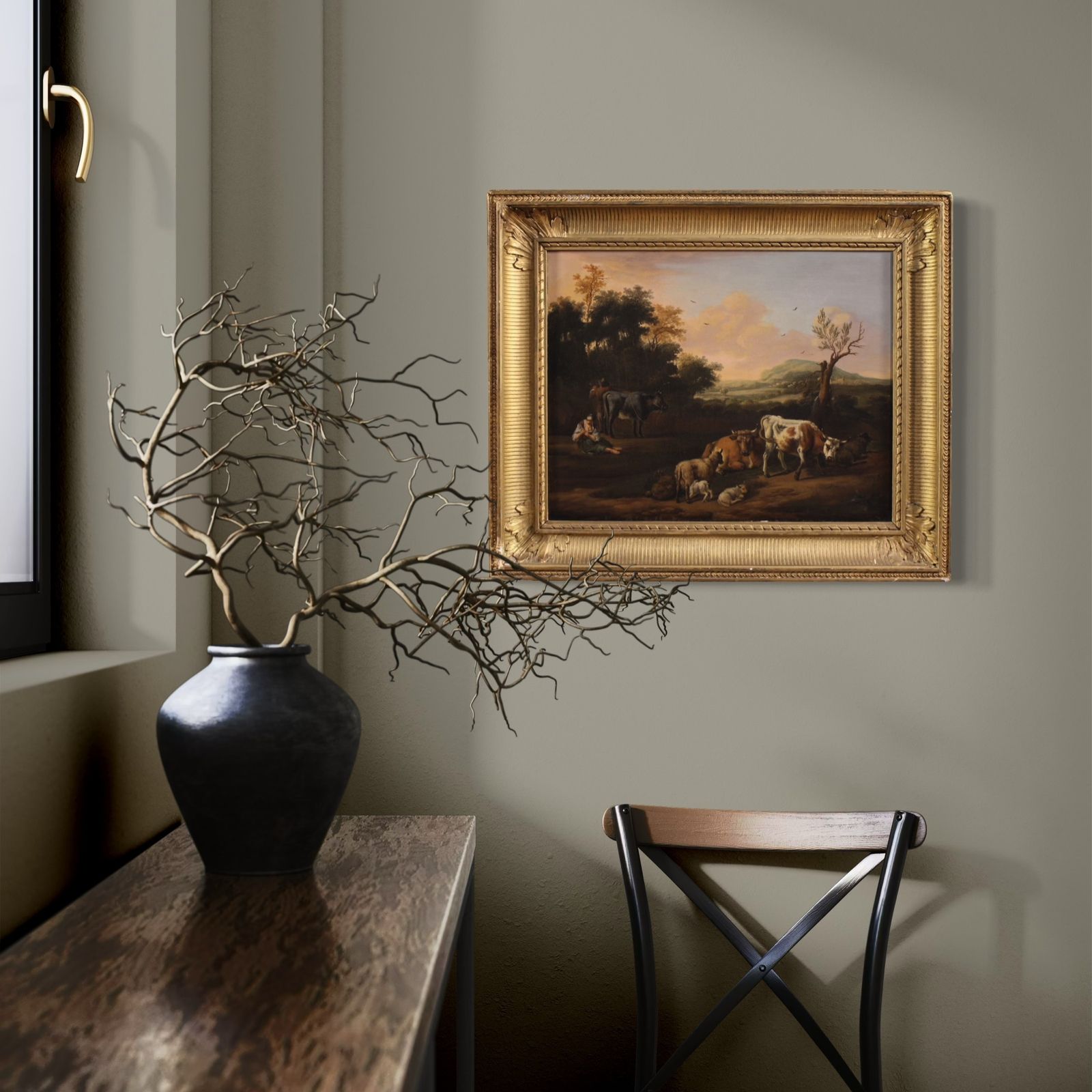 photo vinterior Antique Flemish Bucolic Landscape Painting From The 18th Century