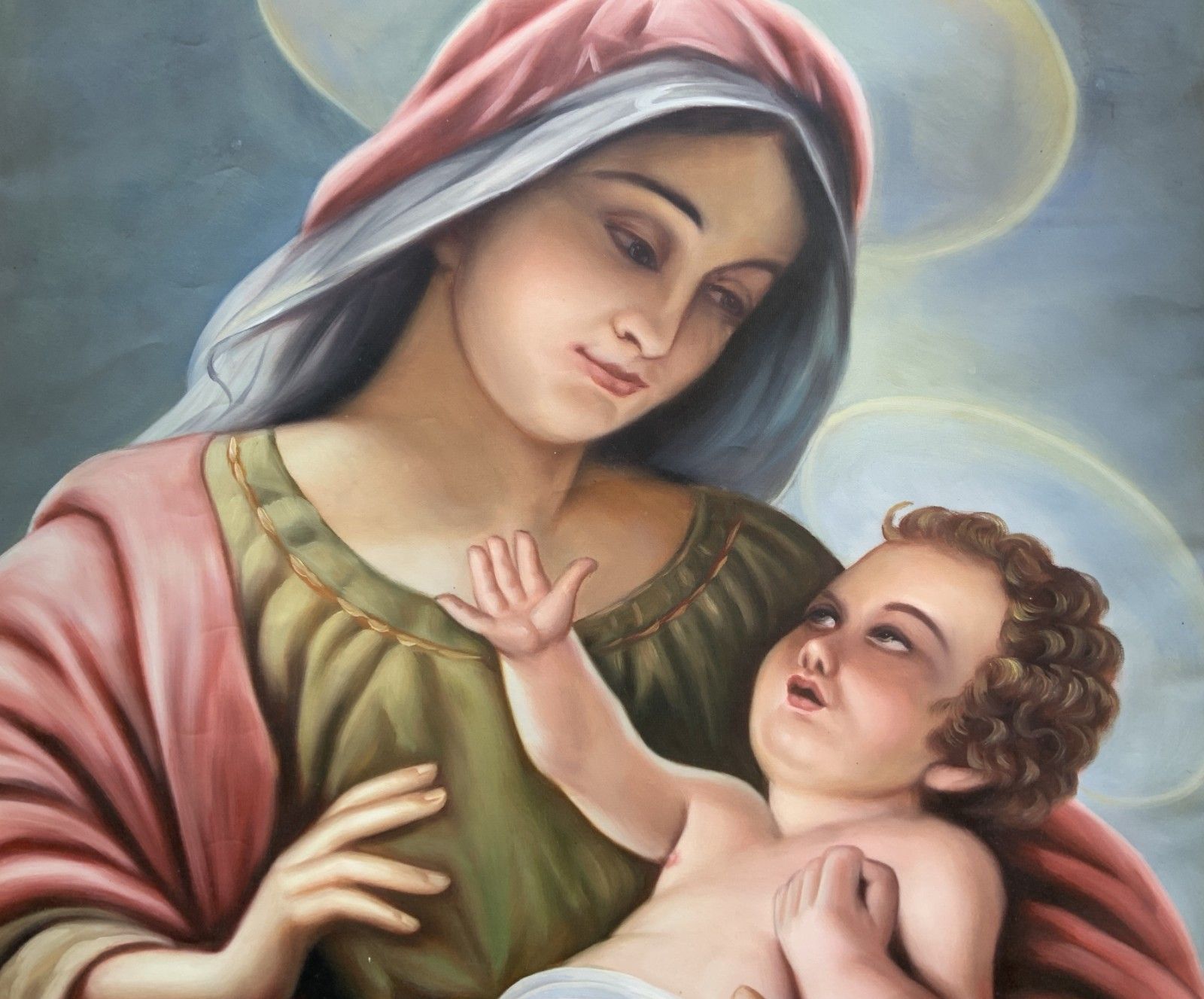 Large Portrait Painting Madonna & Christ Child Gilt Frame Vintage 20th Century photo vinterior