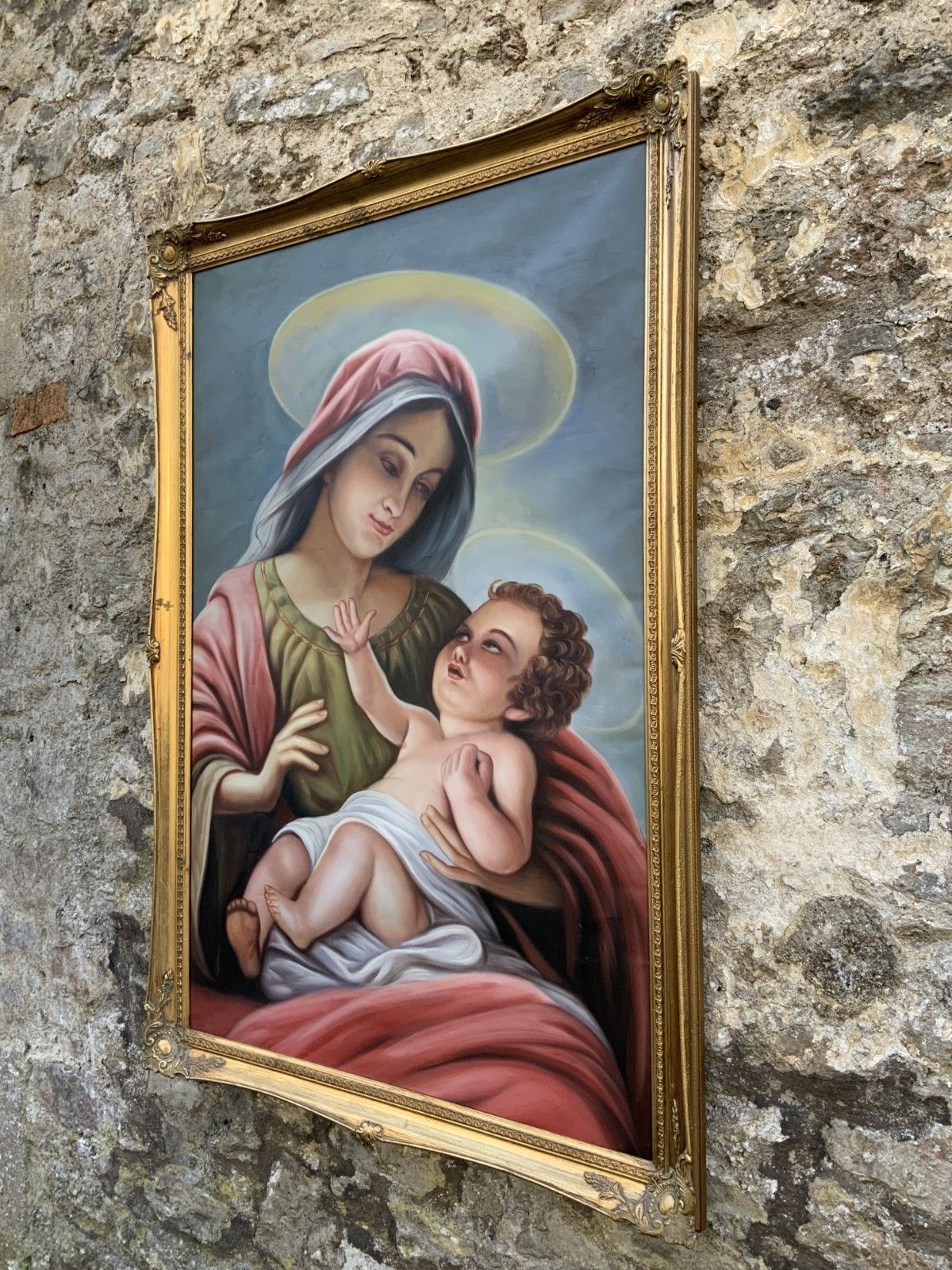 photo vinterior Large Portrait Painting Madonna & Christ Child Gilt Frame Vintage 20th Century