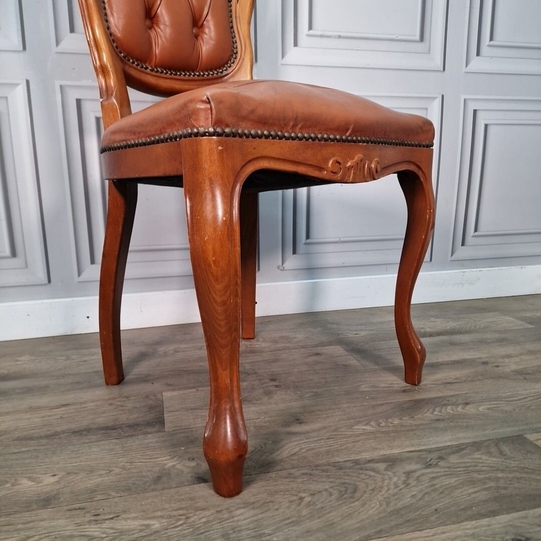 Antique Button Back Chair Wood Carved Leather Tan French Louis Bedroom photo furniture